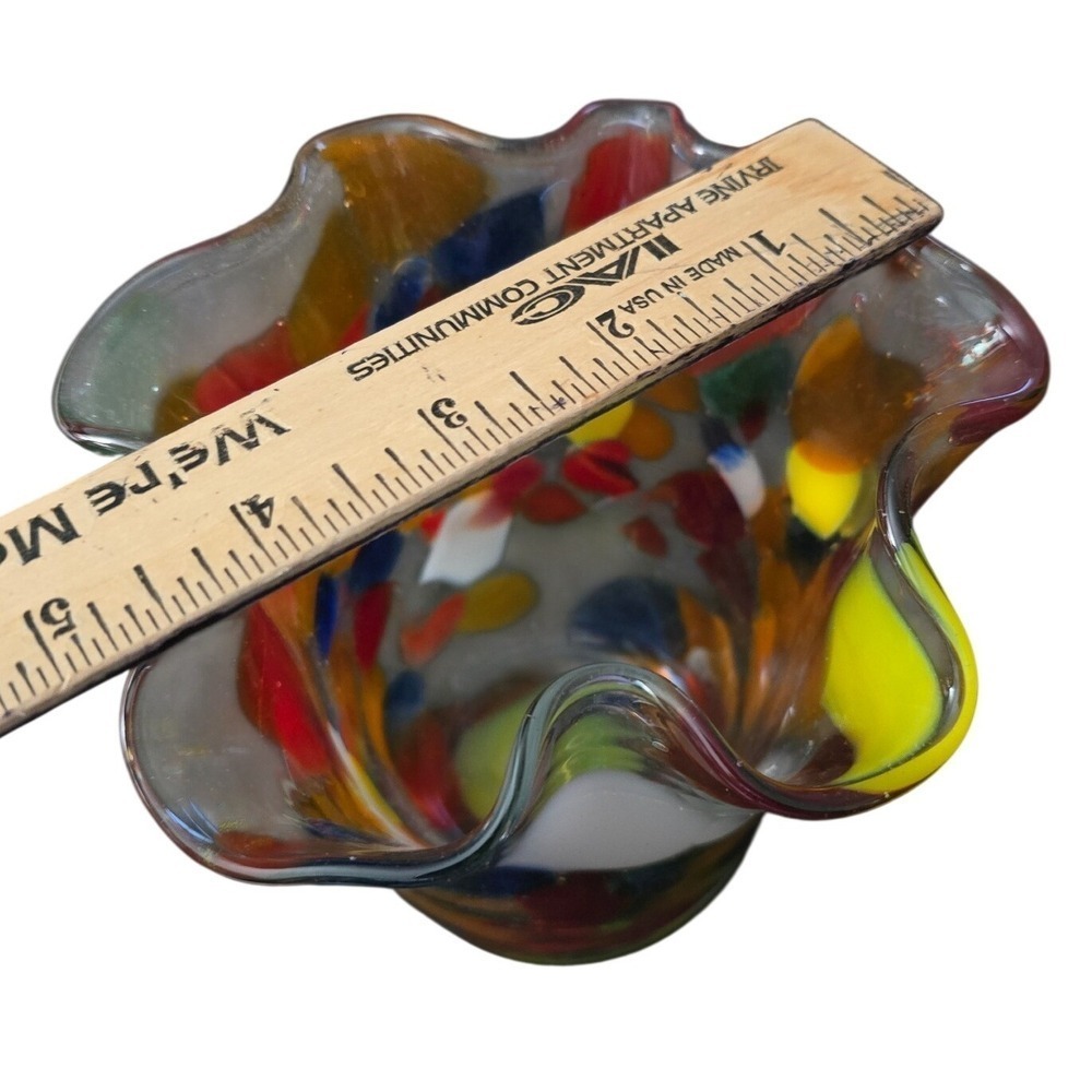 Art Glass Handkerchief Vase Hand Blown‎ Confetti Multi Color Ruffled Rim 4.5in - Picture 7 of 7